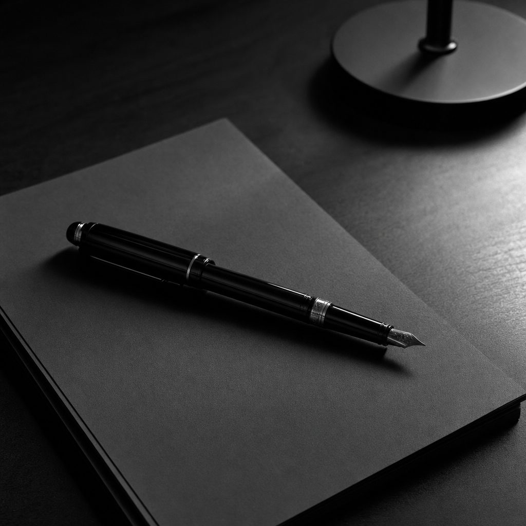 A fountain pen resting on a dark contract, lit by a single desk lamp